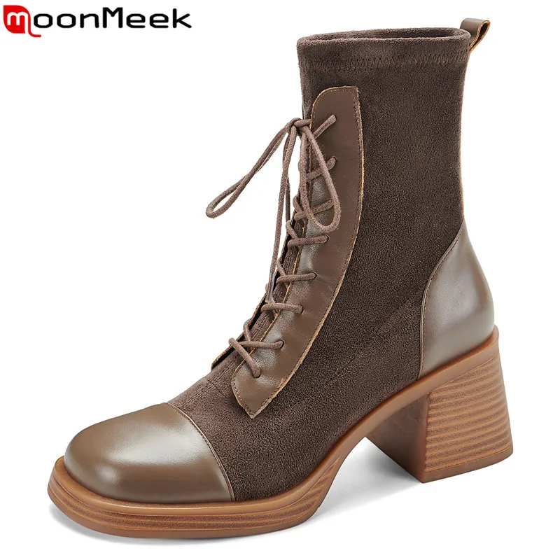 MoonMeek 2023 New Vintage Ladies Lace Up Ankle Boots Genuine Leather Platform Winter Boots Square High Heels Shoes