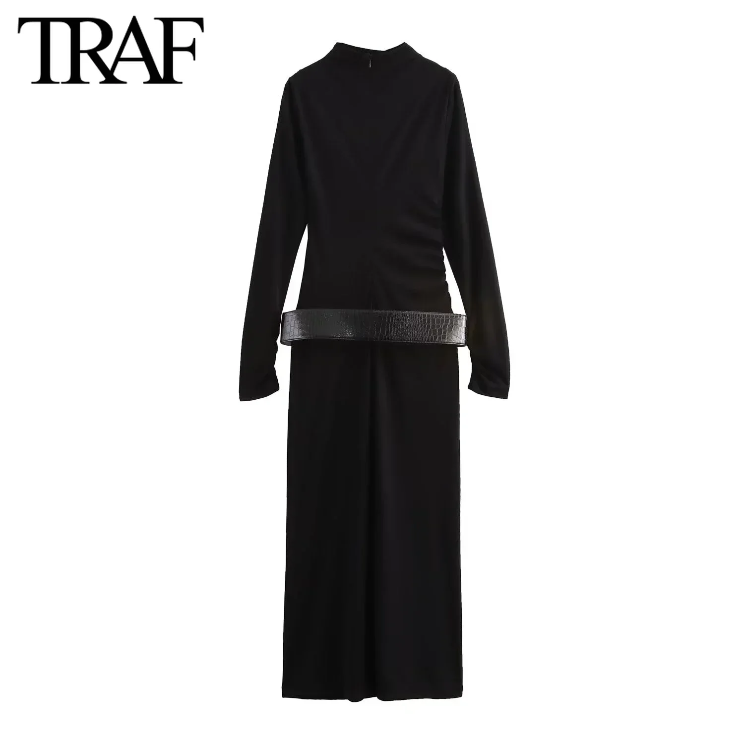 TRAF Women Fashion Autumn Winter Belt Folded Long Sleeve Stand Collar Back Zip Vintage Dress France Female Evening Dresses