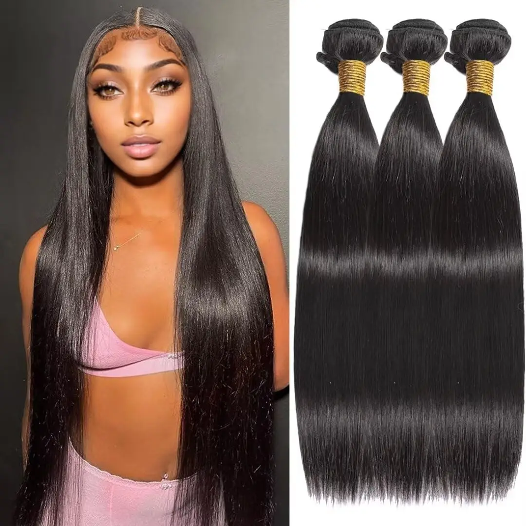 Straight Bundles Human Hair 100% Unprocessed Brazilian Virgin Human Hair Bundles 24 Inch Straight Bundles Natural Black Color