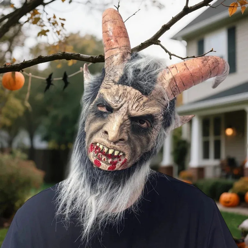 قناع شيطان من اللاتكس مع قرون فم دموي لحفلة الهالوين وأغطية الرأس وإكسسوارات التنكرية ob;8