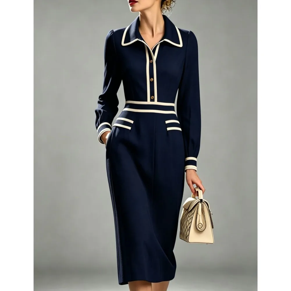 Autumn Winter New Fashion Striped Color-blocked Lapel Women's Dress Elegant Slim Waist Pocket Female Office One-step Dresses