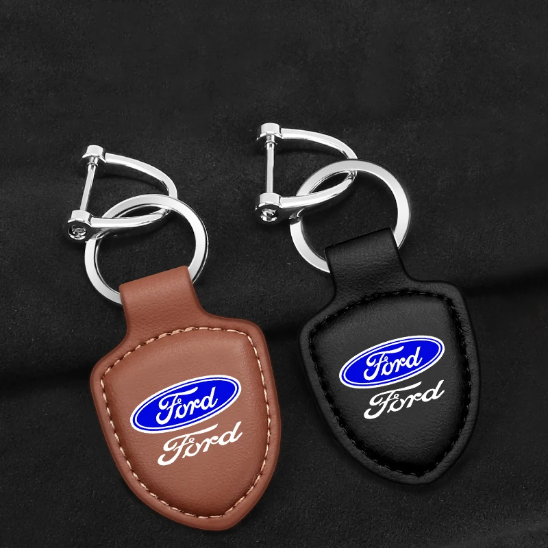 3D Metal Car Logo Keychain Vintage Leather Keyrings Accessory For Ford Fiesta C-Max Kuga Ranger Raptor KA Fusion ST Transit Edge