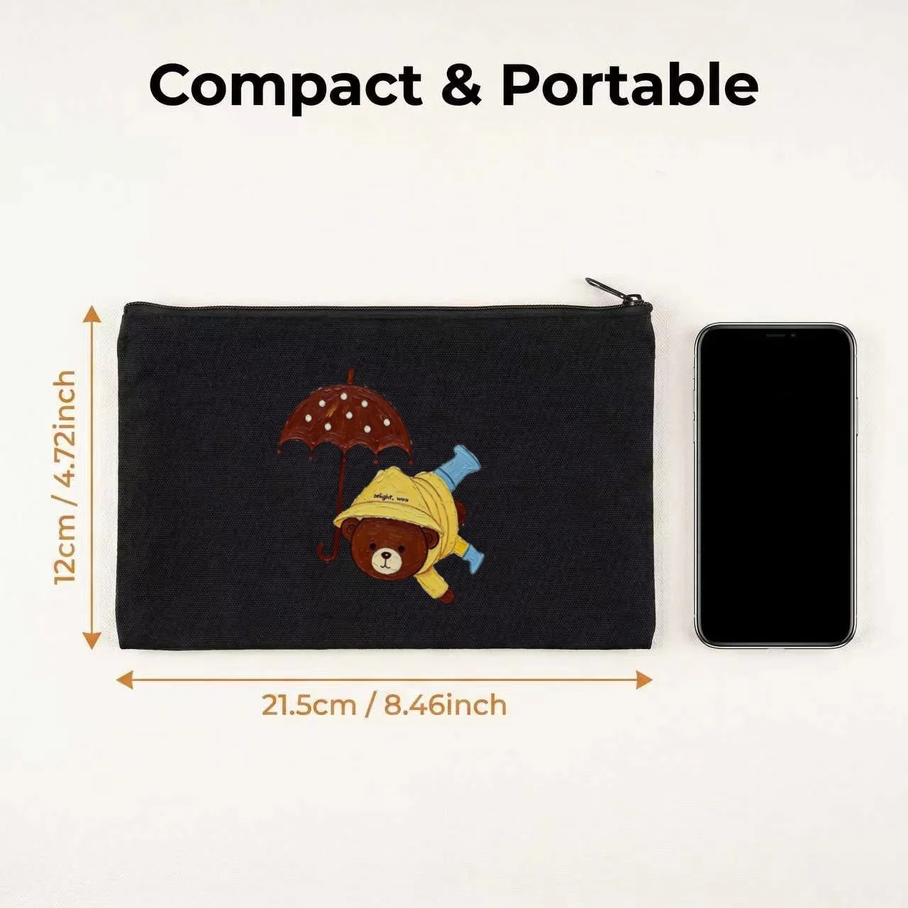 1PC Cute Little Brown Bear Yellow Rain Gear Print Makeup Bag Double Sided Canvas Daily Storage Organizer