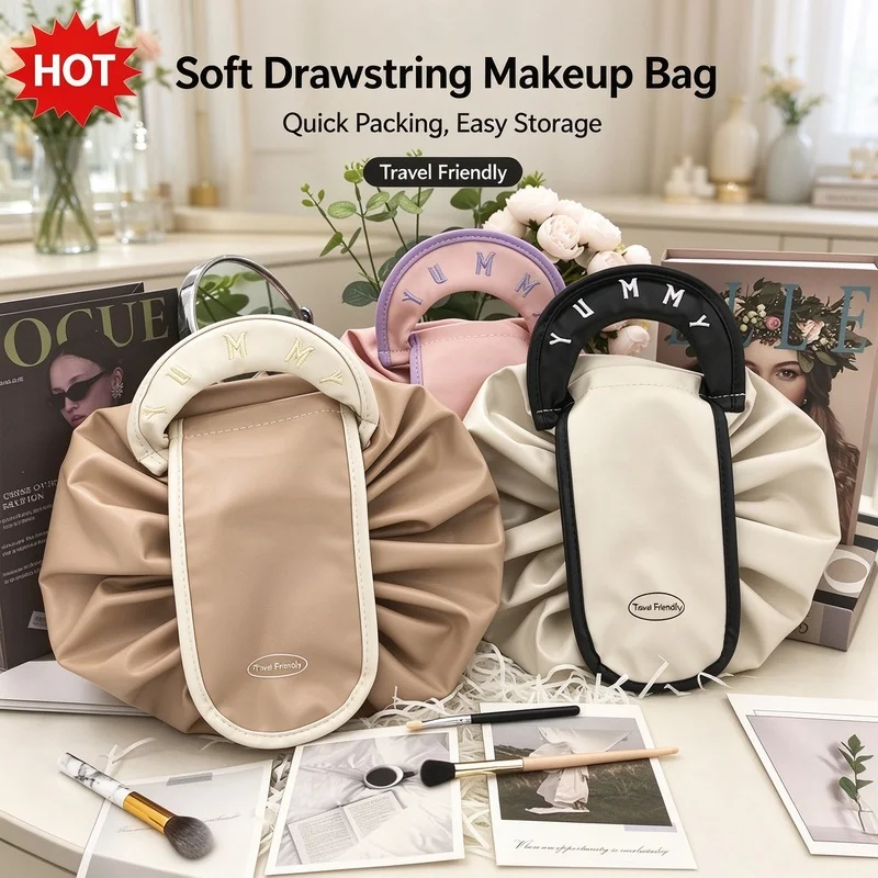 Women Drawstring Makeup Bag, Large Capacity Portable Toiletry Pouch, Travel Daily Cosmetic Storage Organizer