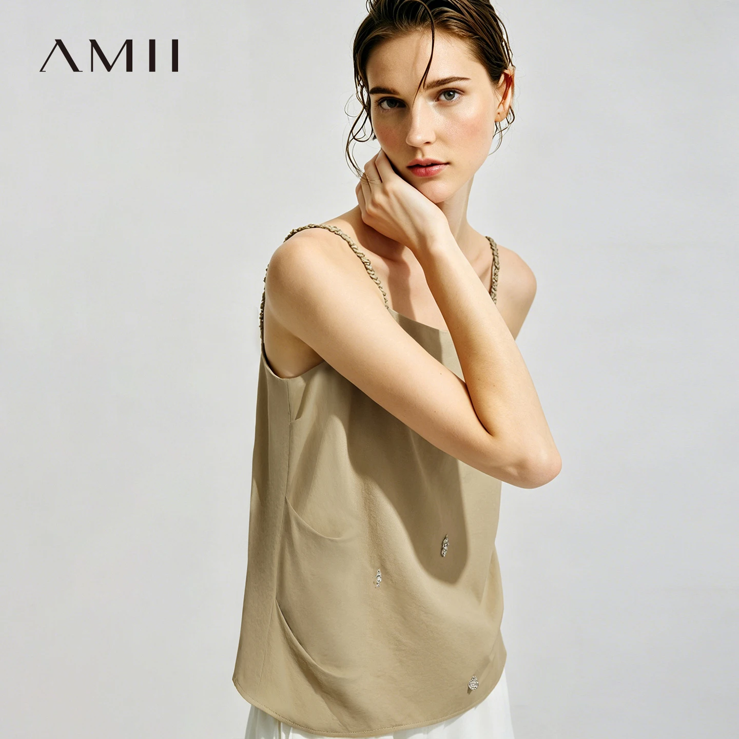 Amii Women's Camisole 2026 Summer New Metal Detail Linen Blend Spaghetti Strap Loose Casual Sleeveless Tank Top Women 12642102