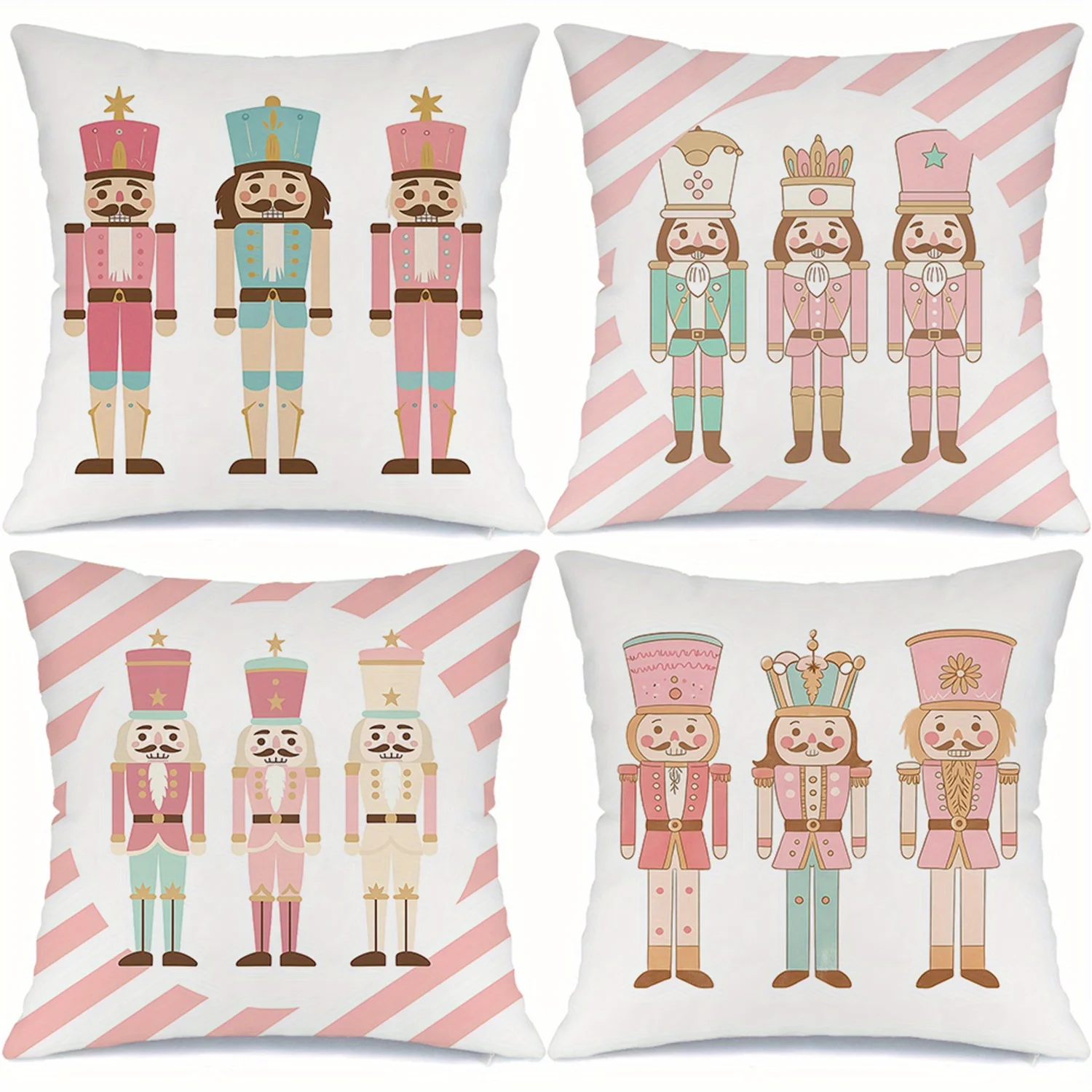 4pcs Nutcracker Soldier Christmas Pillow Covers Pink & White Striped Design Zippered Polyester Cushion Cases for Sofa, Chair