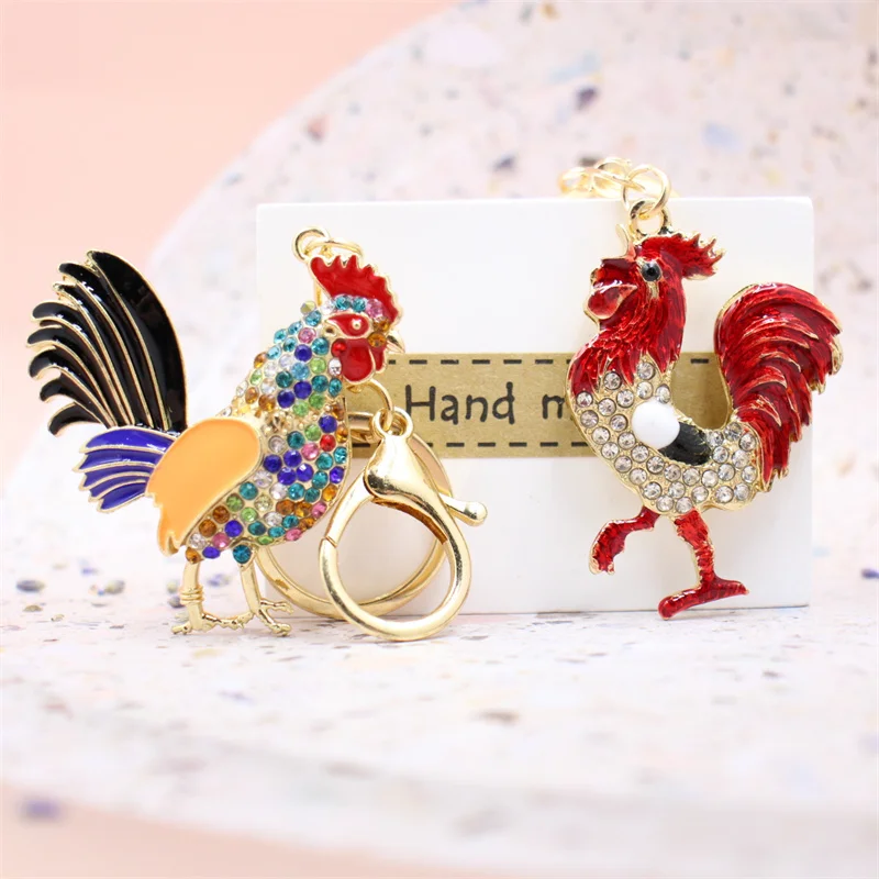 Luxury Rooster Keychains Women Rhinestone Hen Car Key Chain Metal Pendant Chicken Keyring Holder Female Bag Accessories