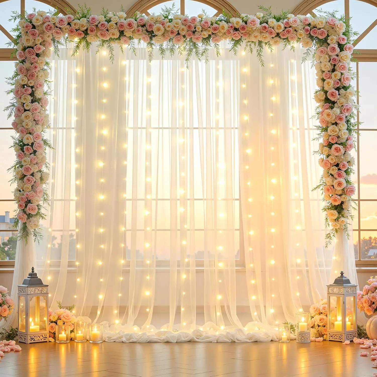 

4 панели - 5 футов x 10 футов, тюлевые фоновые шторы цвета слоновой кости с подсветкой, веревка для вечеринок, прозрачная занавеска без морщин с подсветкой для свадьбы