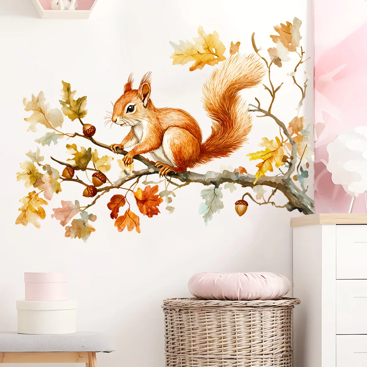 Watercolor Wall Stickers Autumn Maple Leaves Tree Branches Squirrels  Kid Room Living Room Bedroom Decoration Self-adhesive