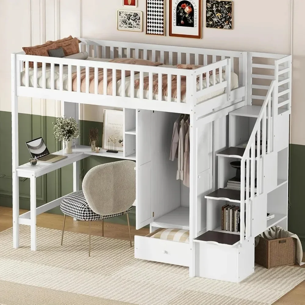 

Twin Loft Beds Stairway Loft Bed Frame with Wardrobe, Desk, Bookshelf and Drawers, White