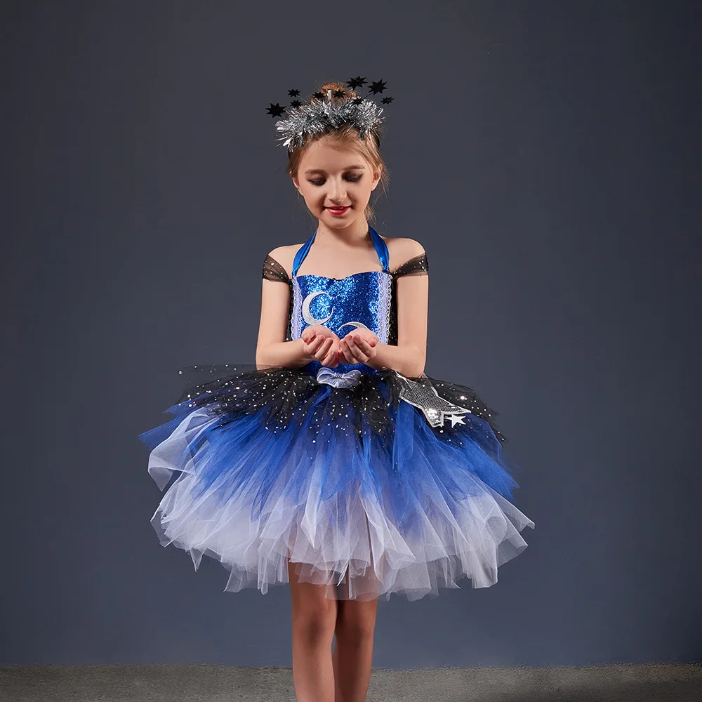 Atemberaubendes Glitzerndes Galaxy Chicas Tutu-Kleid Nachthimmel Sterne Mond Kinder Halloween-Kostüm Funkelndes Festkleid Gala-Party Ballkleid – Detail 6