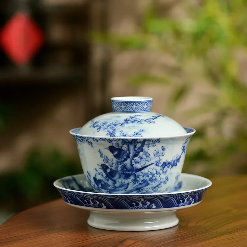High-End Jingdezhen Flower and Bird High Foot Gaiwan Non-Scald Tea Brewing Bowl Household Ceramic Blue White Large Cup