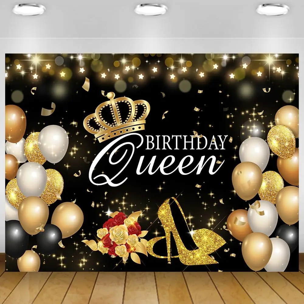 

Black Gold Happy Birthday Queen Backdrop for Women Glitter High Heels Balloons Flowers Party Photography Background Decoration