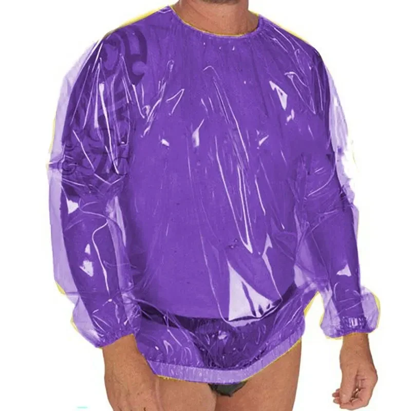 PVC Transparent Sexy Men Round Neck Long Sleeved Waterproof Windproof T-shirt ABDL Oversized Loose Adult Baby Plastic Pullover