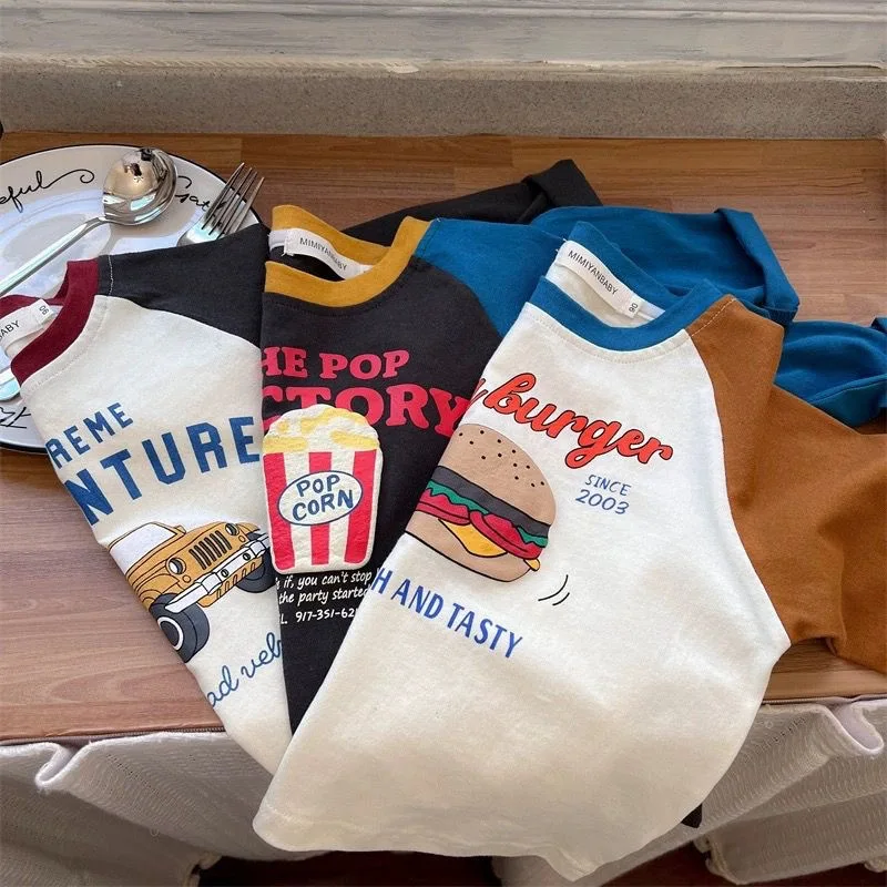 Langarm-T-Shirt für Kinder, Jungen, 2025, koreanischer Frühling und Herbst, reine Baumwolle, Jungen-Tops, Cartoon-Druck, kontrastierendes Unterhemd – Detail 4