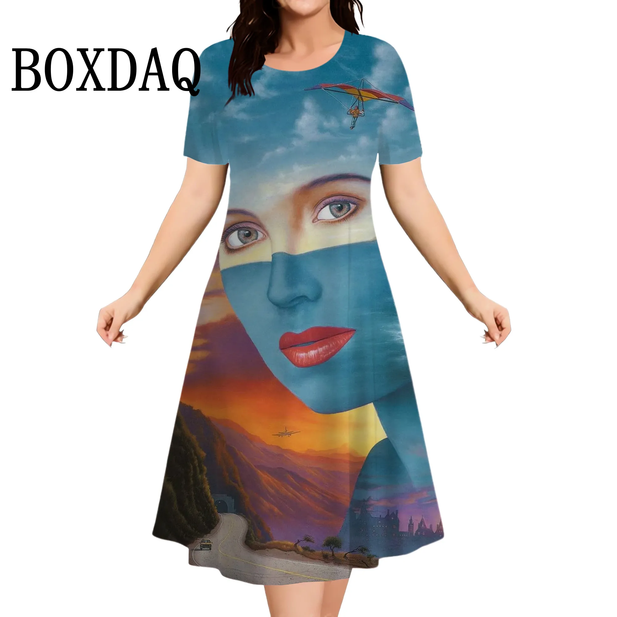Abstract Gezicht 3D Gedrukt Jurk Voor Vrouwen 2025, Zomer Mode Korte Mouw Mini Jurk Losse Casual Plus Size 9XL Dameskleding