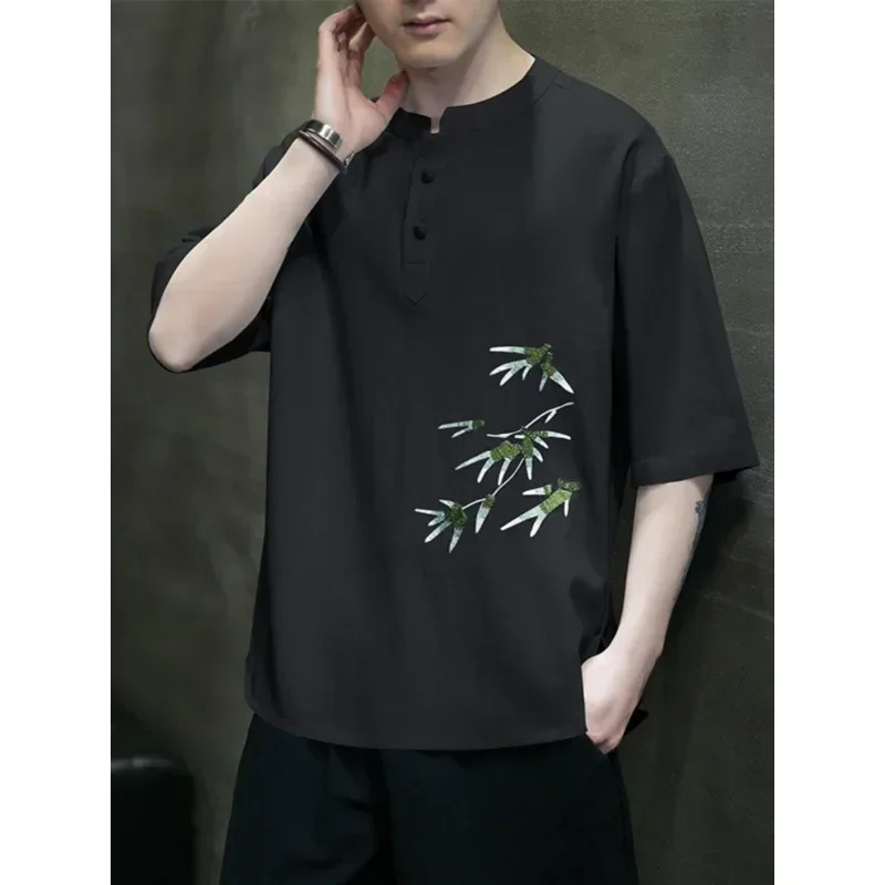 

3 Colors Casual Linen Loose Shirt Traditional Chinese Men's Clothing Retro Round Neck Plate Buckle Tang Suit Top Plus Size M-5xl