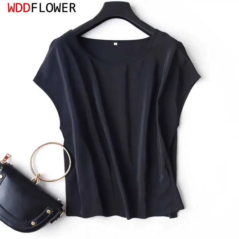 

Women Silk T-shirt 100% Mulberry Silk Basic Type Solid Black Short Sleeve Top Pullover Blouse XL XXL MM911