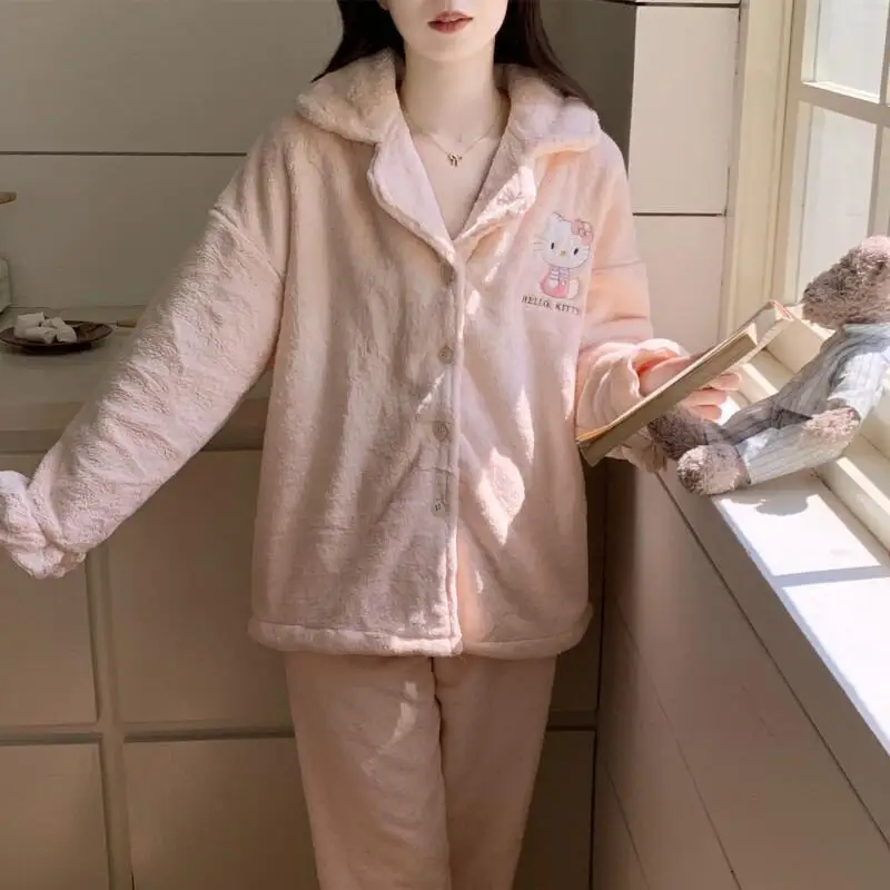 

Комплект женской пижамы Sanrio Hello Kitty: домашняя одежда из кораллового флиса, плюшевая, утолщенная, для сна и отдыха, милый, новый, осень-зима
