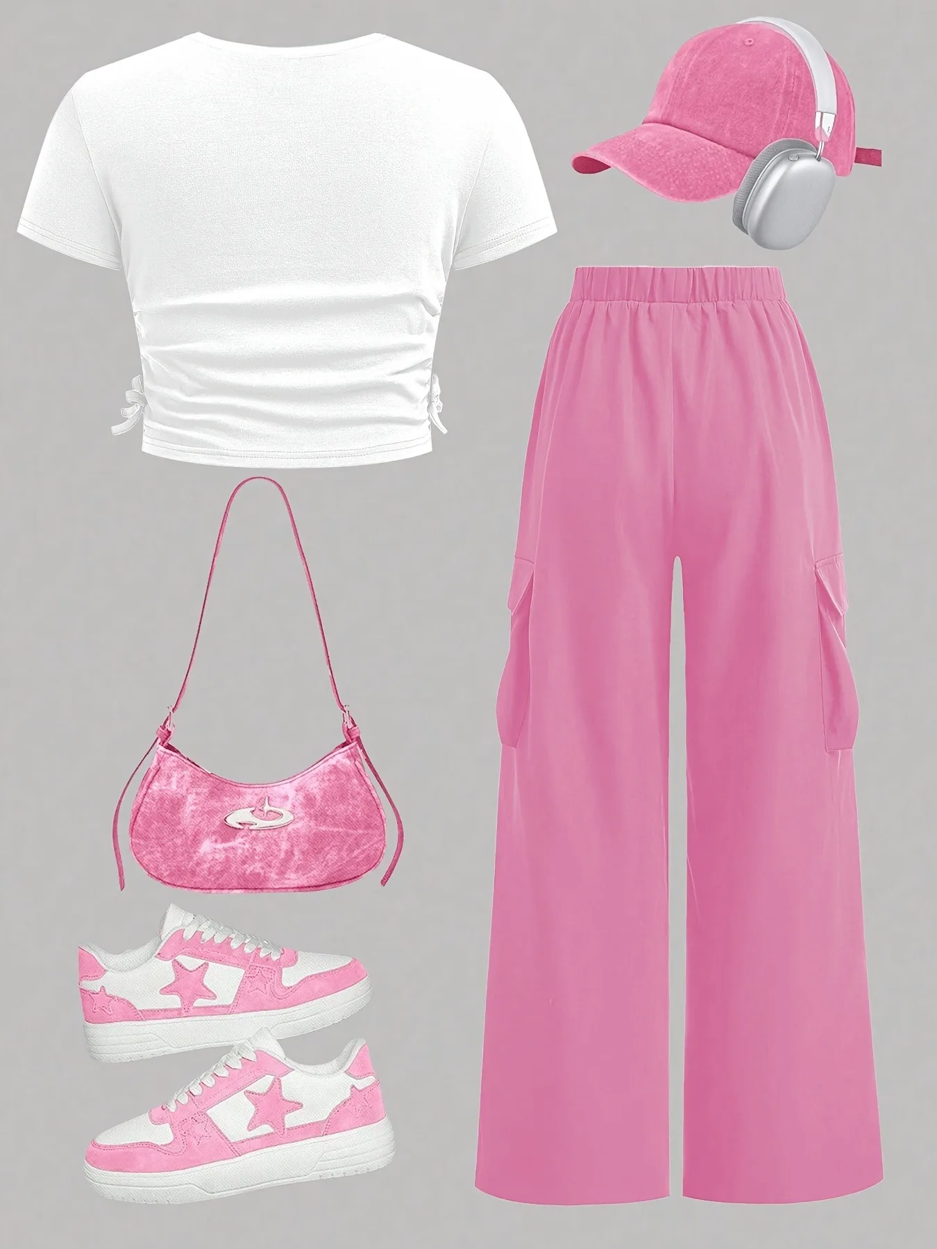 Trendy Girls 2Pcs Co-Ord, White Star Print Ruched Top & Pink Cargo Wide Leg Pants for Daily & Street Style