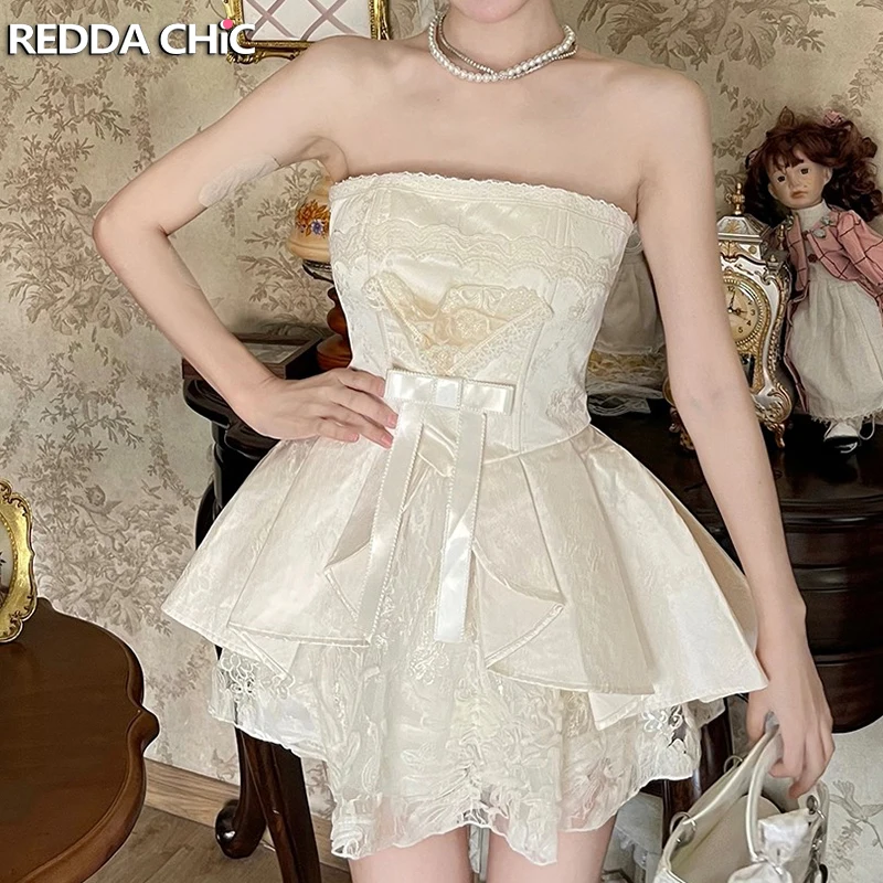 

Короткое платье-корсет REDDACHiC в стиле Лолита с бантом, кружевными вставками, жаккардовым узором, атласными оборками, мини-платье для вечеринок, женская одежда в стиле принцессы