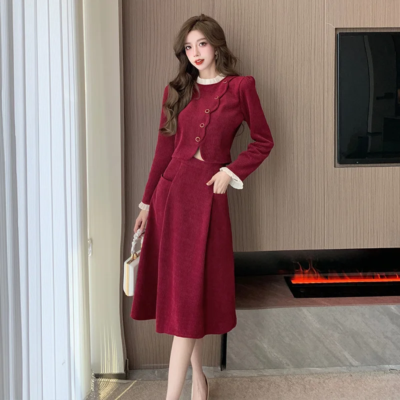 

Corduroy Slim Fit Long Dresses French Two-piece A-line Solid Red Dress Patchwork Wave Fashions High Waist Autumn Dress New