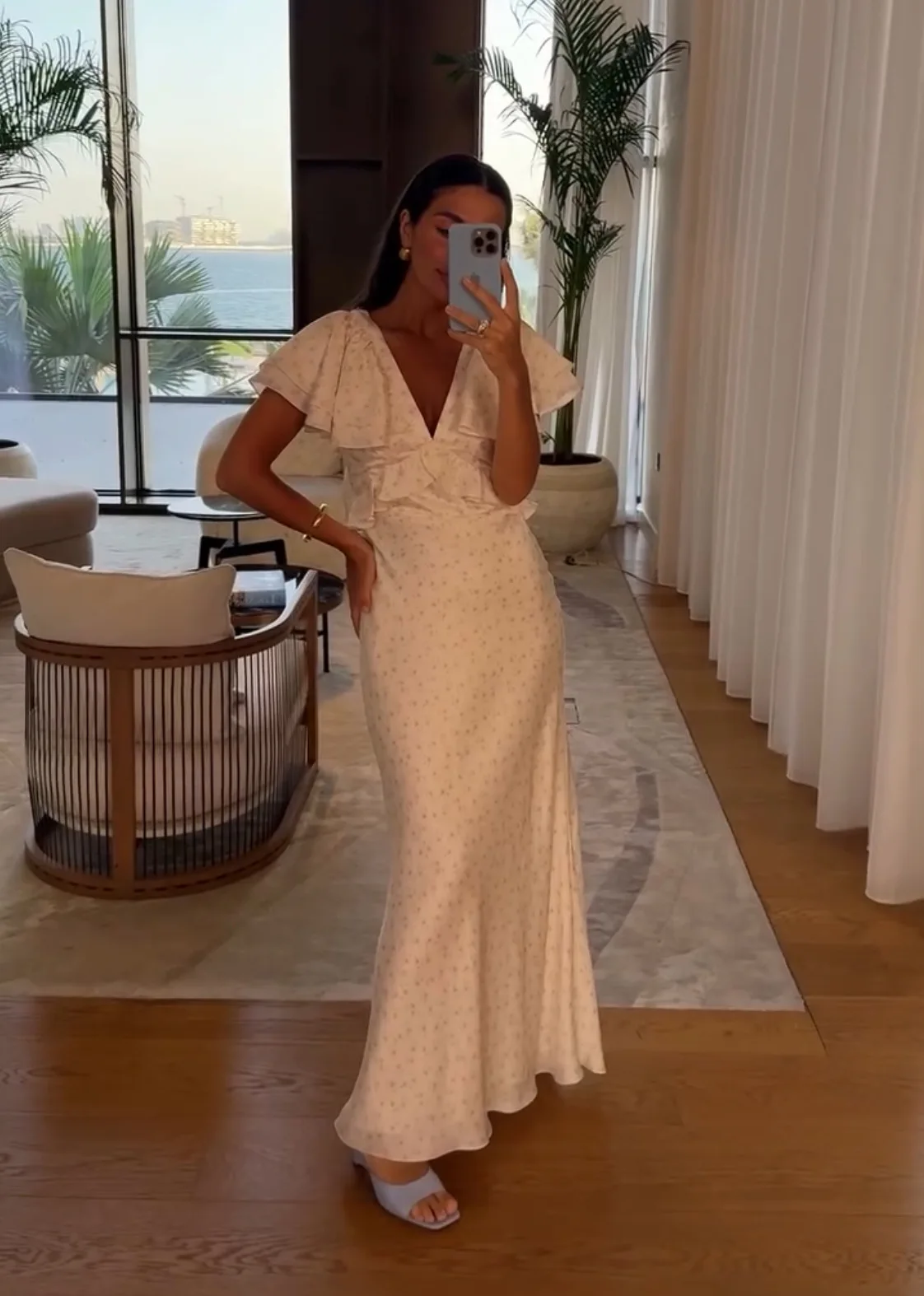 Moda impressa babados em camadas maxi vestido feminino sexy decote em v profundo manga queimada roupões finos 2025 verão férias jantar festa vestido