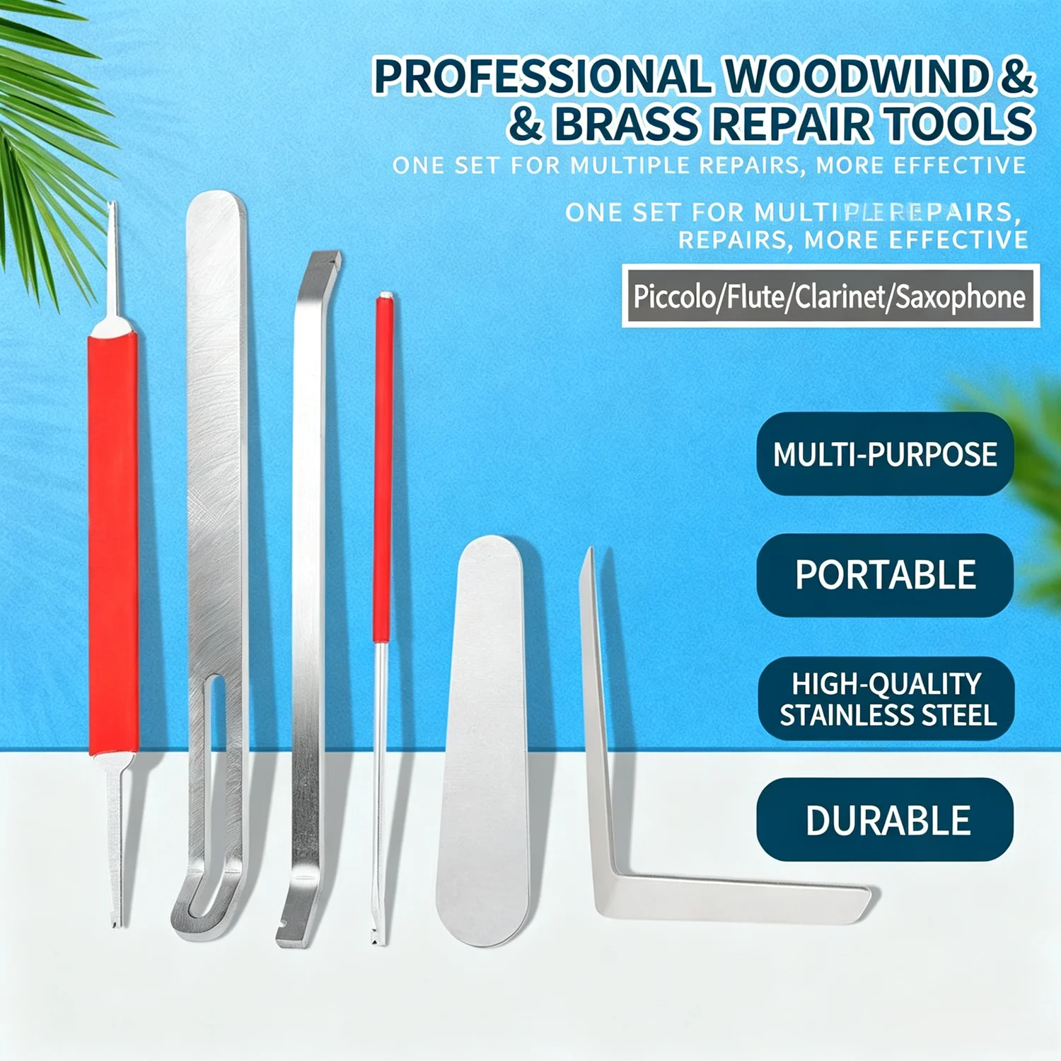 6pcs Woodwind Repair Kit Stainless Steel Tool Set Portable for Saxophone Flute Piccolo Clarinet - Maintenance Equipment