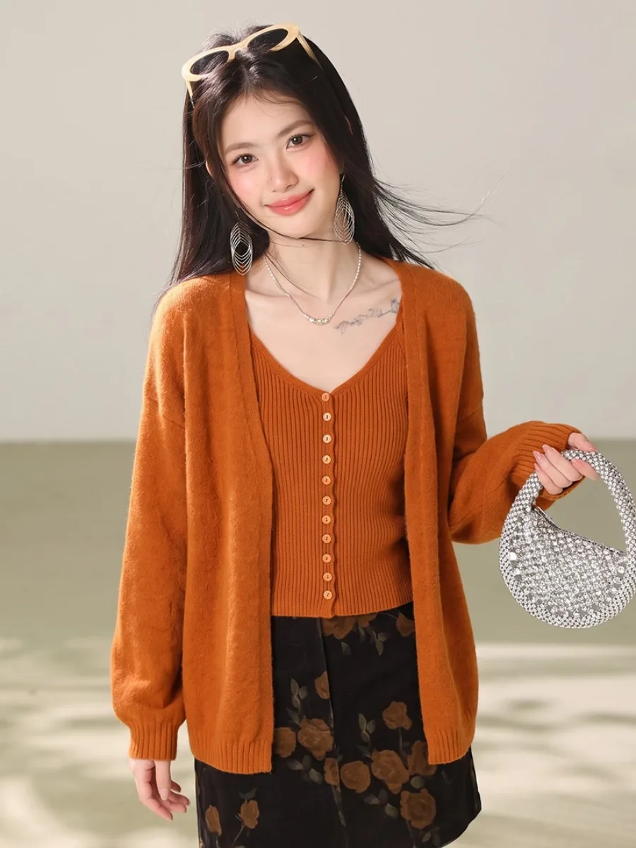 Women's Knitted Pumpkin Color Vest And Cardigan Set V-Neck Single Button Loose Open Cardigan Inner Wear Soft Long Sleeve