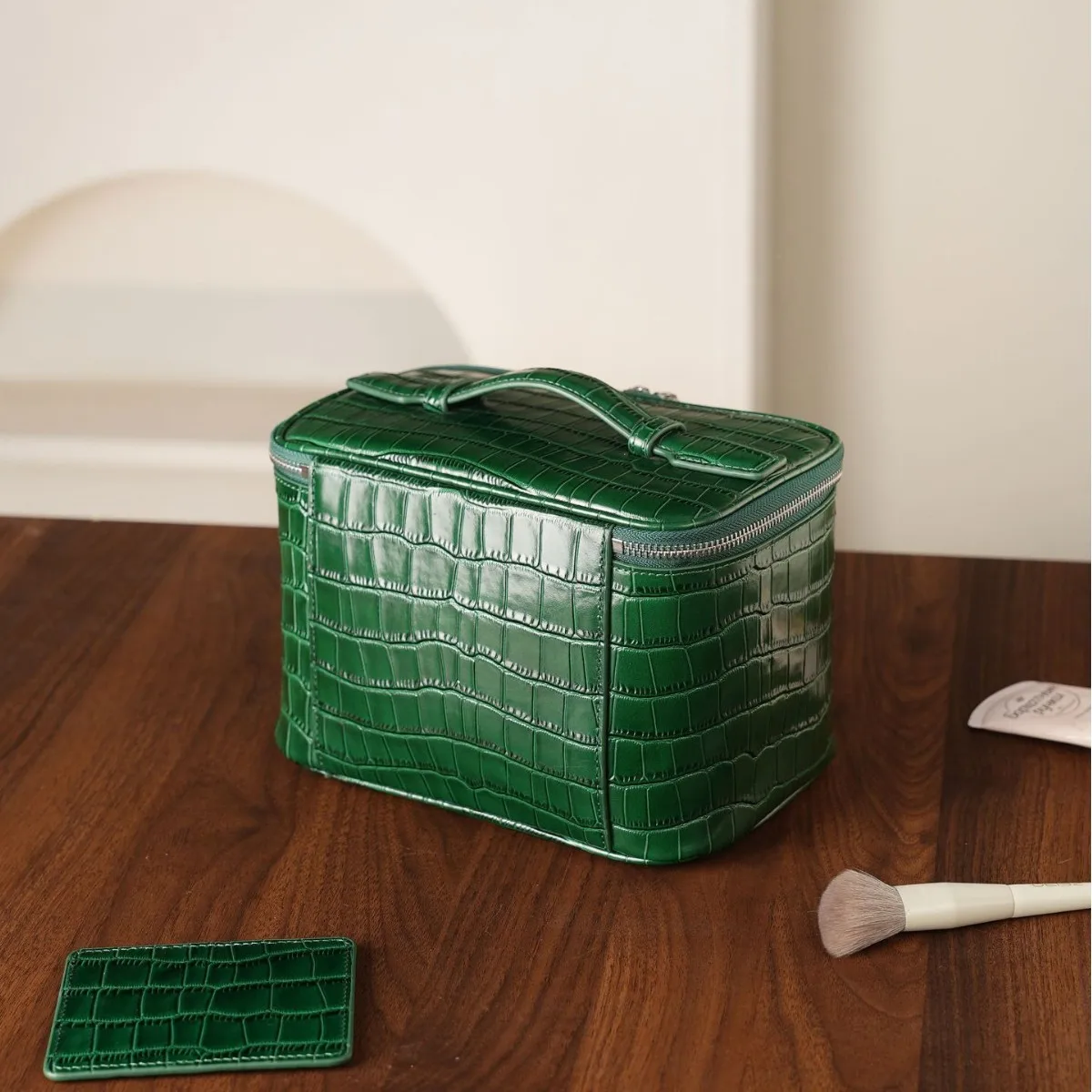 Genuine Leather Square Portable Large-Capacity Hand-Held Cosmetic Bag Firstgrain Cowhide Himalayan Crocodile Pattern Vanity Case