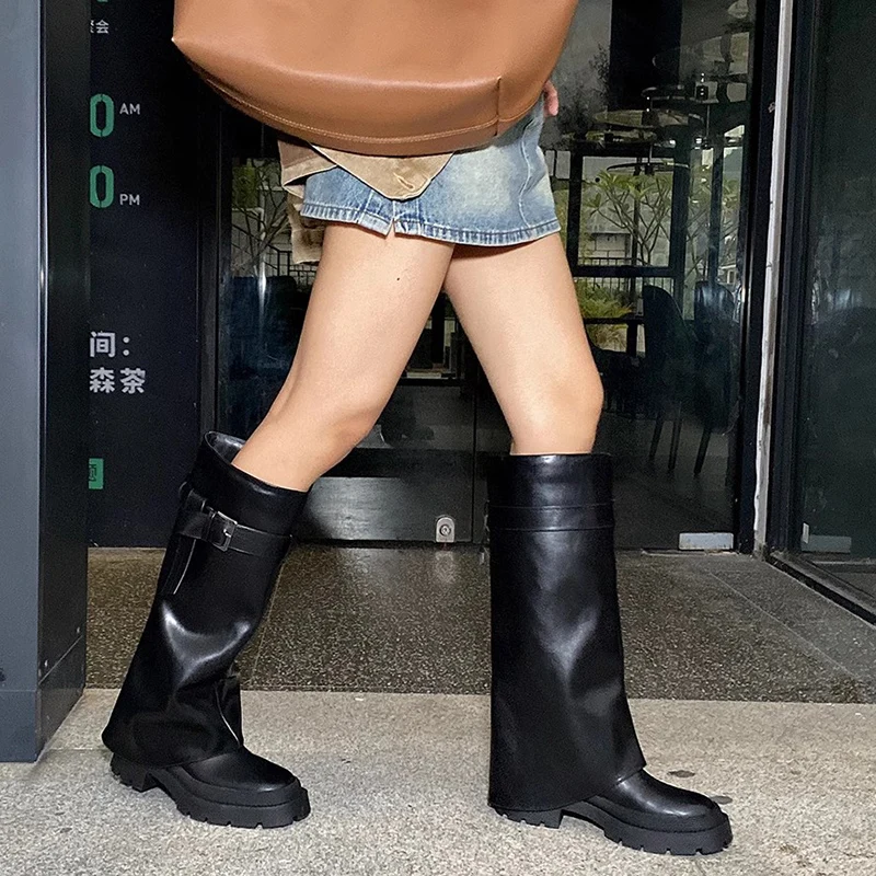 

New Belt Buckle Cowboy Western Boots Thick High Heels Women Knee-High Boots Women Motorcycle Boots Knight Boots Botas de mujer