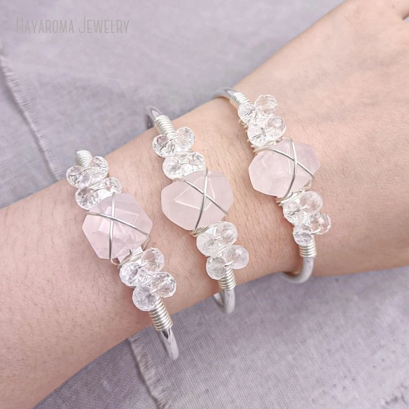 

10Pcs Rose Quartz Silver Plated Cuff Bracelet Women Gold Color Adjustable Gold Color Bangle Jewelry Bridesmaid Gift