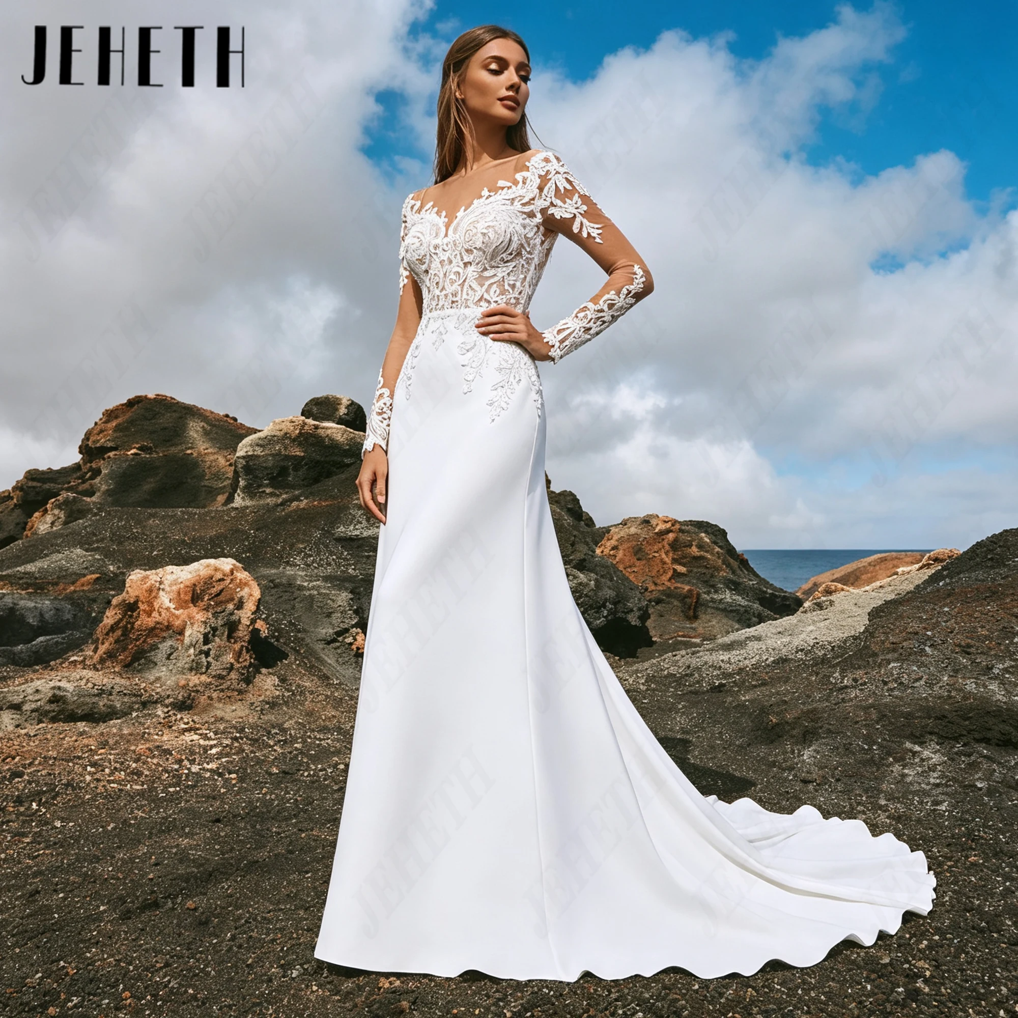 JEHETH Scoop Neck Mermaid Wedding Gowns V Back Illusion Long Sleeves Bridal Dresses Customized Lace Appliques Bride Gown 2027