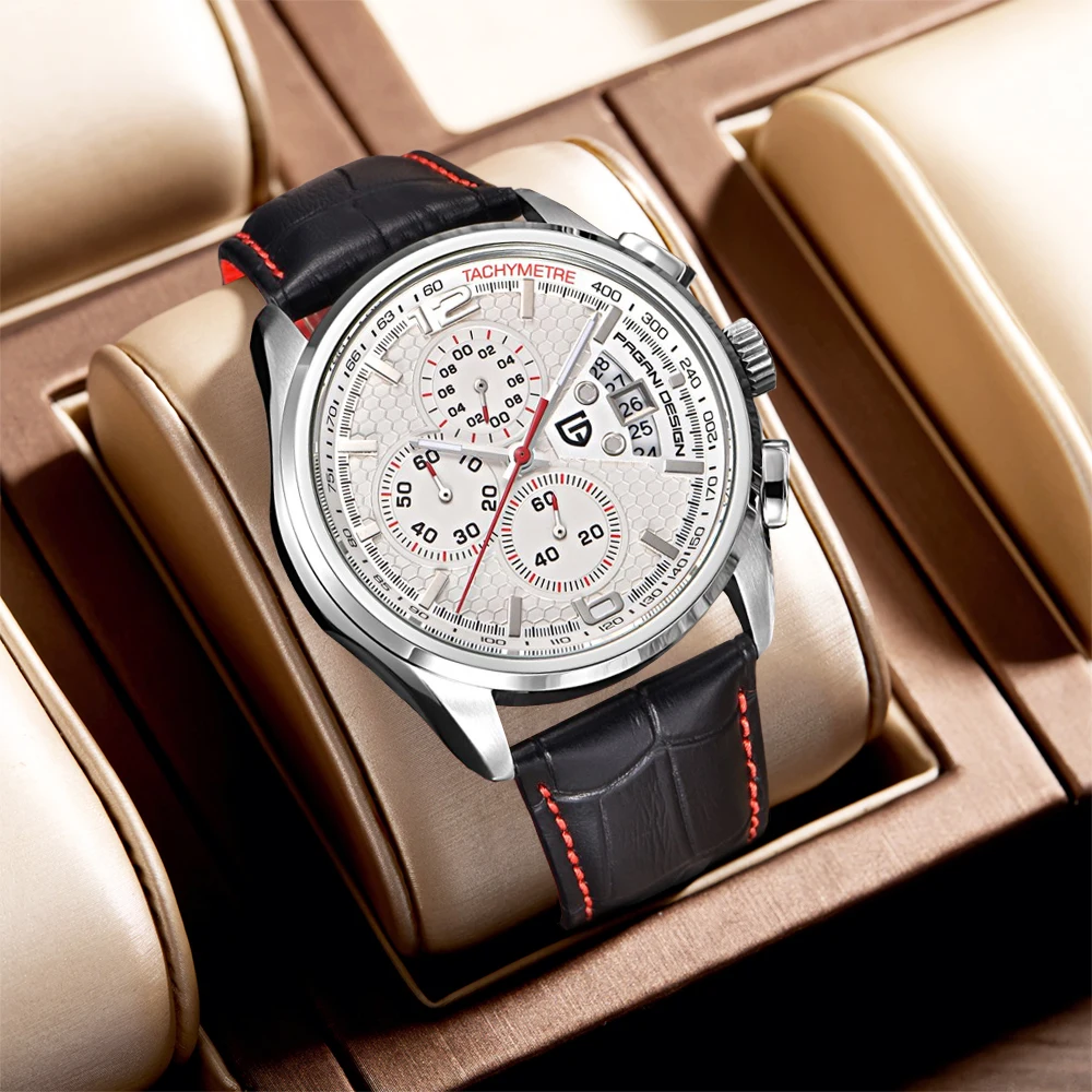 PAGANI DESIGN ساعة رياضية كلاسيكية للاستخدام الخارجي مقاومة للماء من الجلد كوارتز ساعة عسكرية متعددة الوظائف مضيئة للرجال