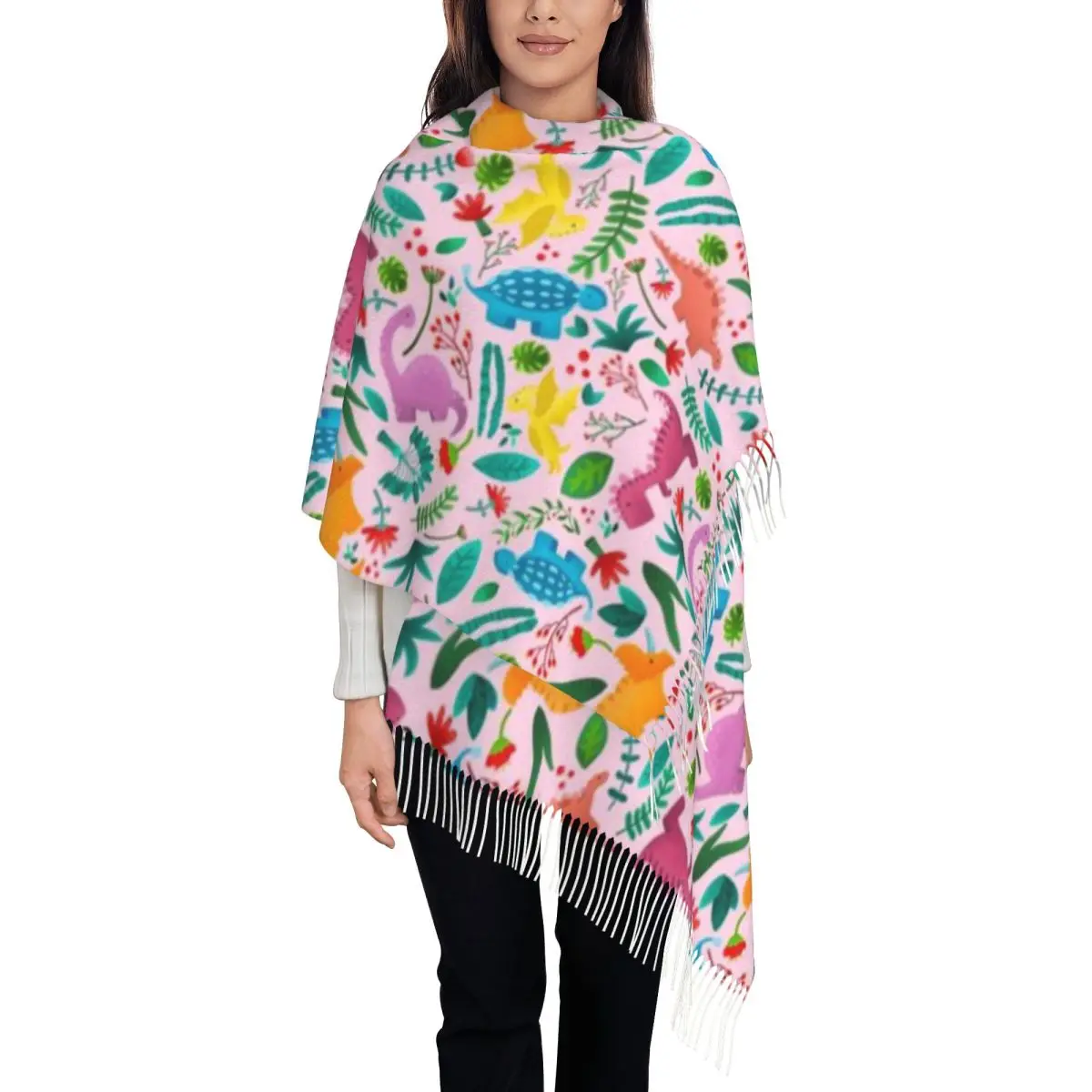 Pink Dinosaurs Shawl A Tassel Scarf