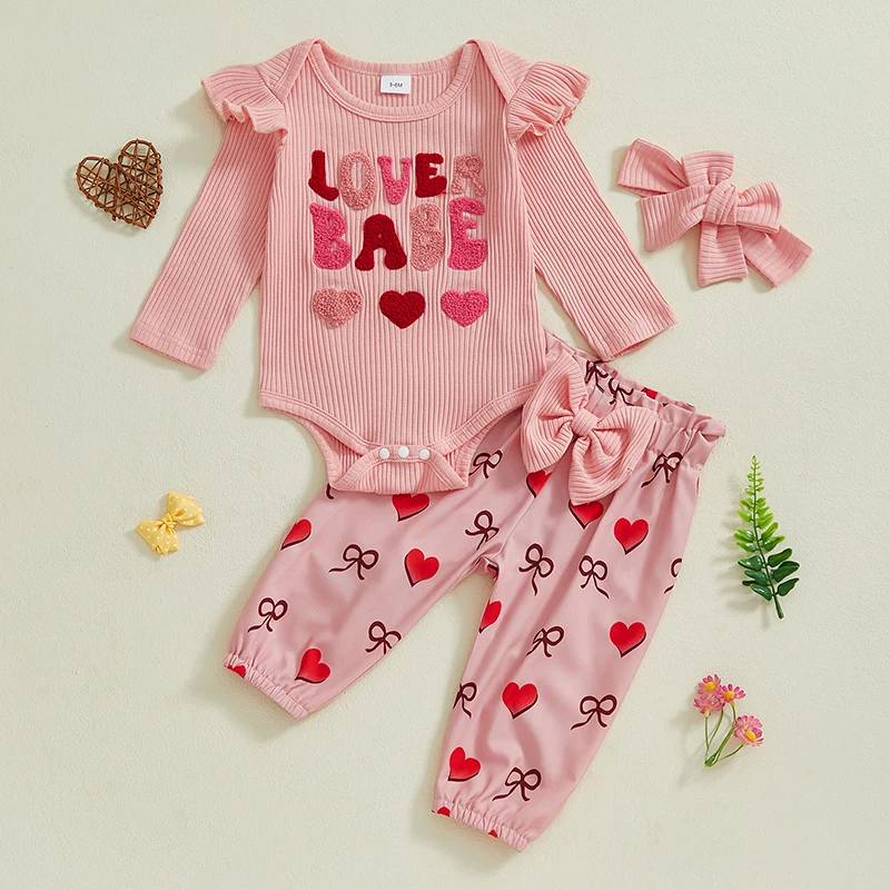 

Lioraitiin Baby Girls Valentine's Day Outfit Letter Embroidery Ruffles Long Sleeves Romper and Heart Bow Print Pant Headband Set
