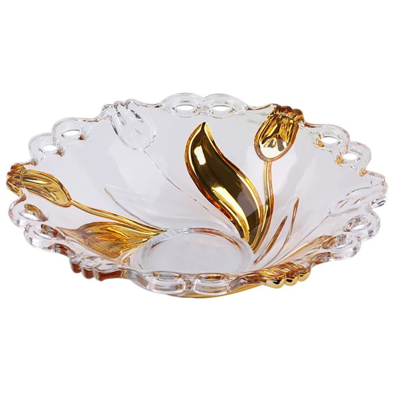 

Crystal glass fruit plate Golden tulip fruit plate Creative fashion Living room Coffee table Fruit plate Household