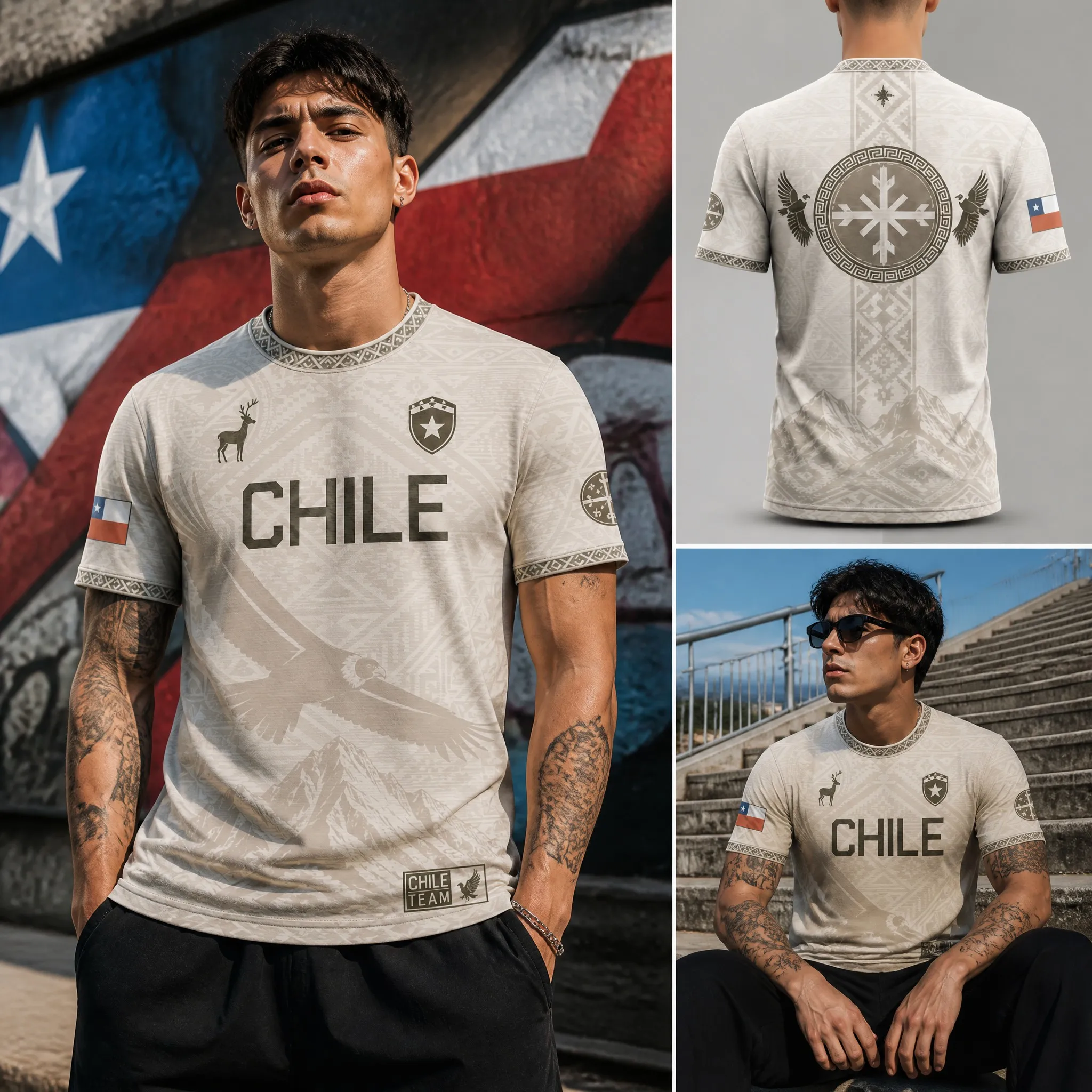 Mens Crew Neck T Shirt Chile Ivory Gray Eagle Mountain Graphic Short Sleeve Casual Street Outdoor Team Style Top Wear Modern Tee