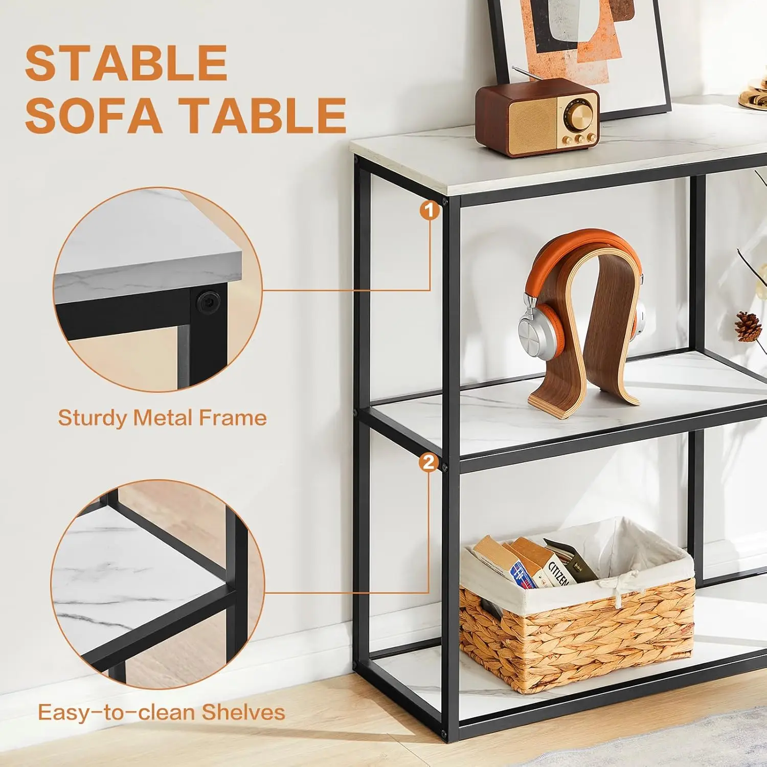 Modern Industrial Console Table, 31.5 Inch Narrow Entryway Sofa Table with 3-Tier Storage Shelves, White Marble Top