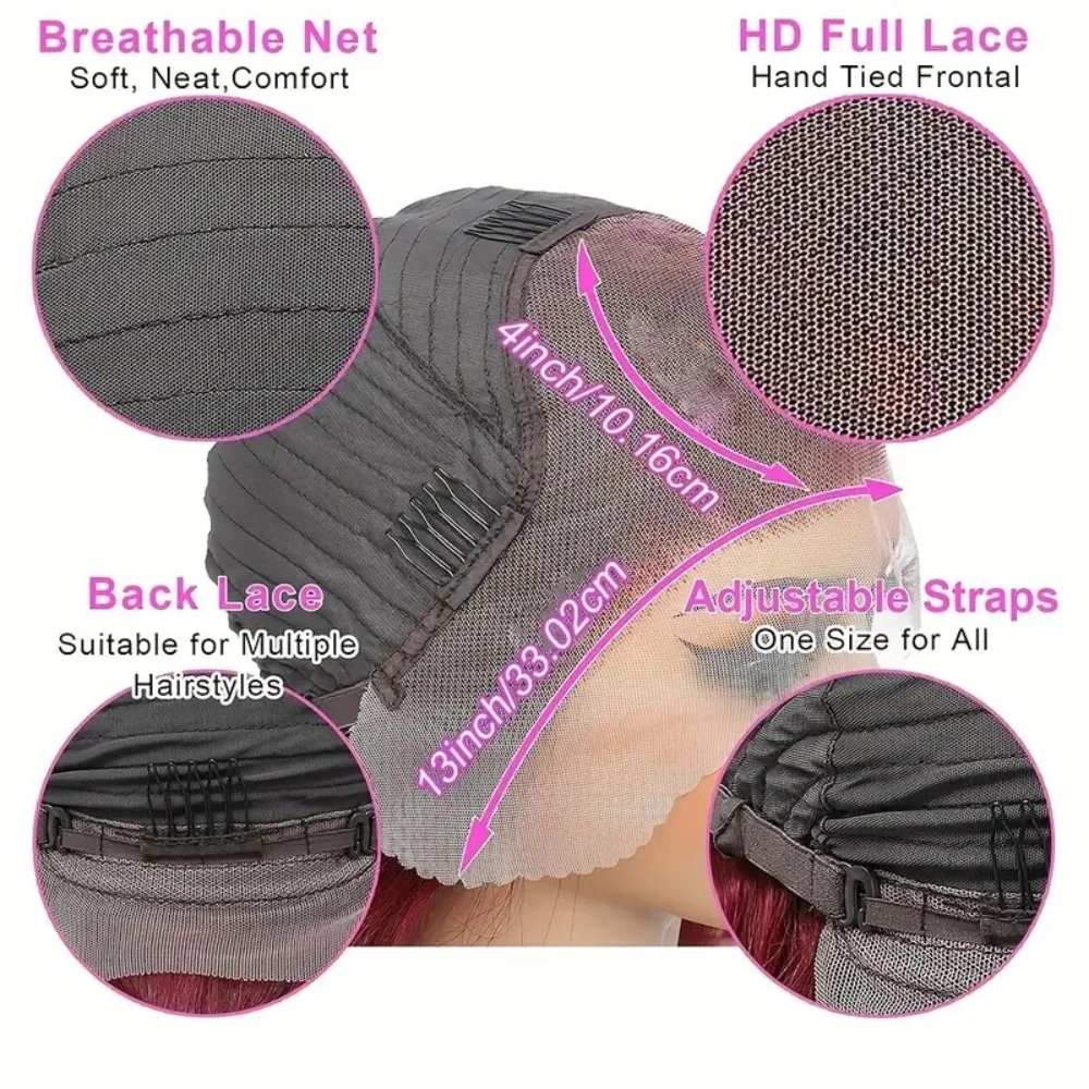 滑らかなバーガンディレースのフロントウィッグ,人間の髪の毛,事前に摘み取られた,密度200,13x4,99j