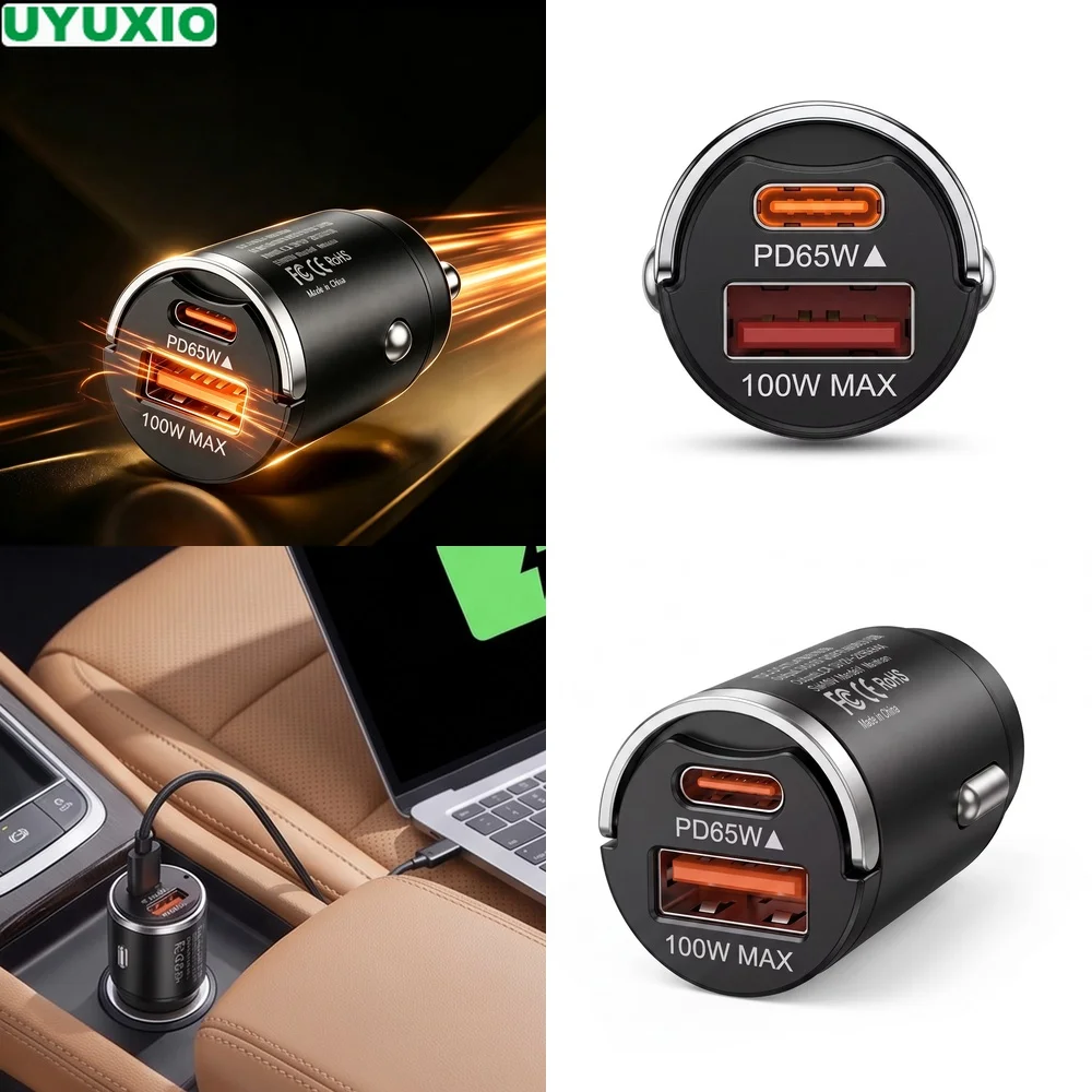 165W Travel Car Charger Durable Zinc Alloy Mini Body with PD 65W Type C and 100W USB A Ports for Road Trips and Daily Driving