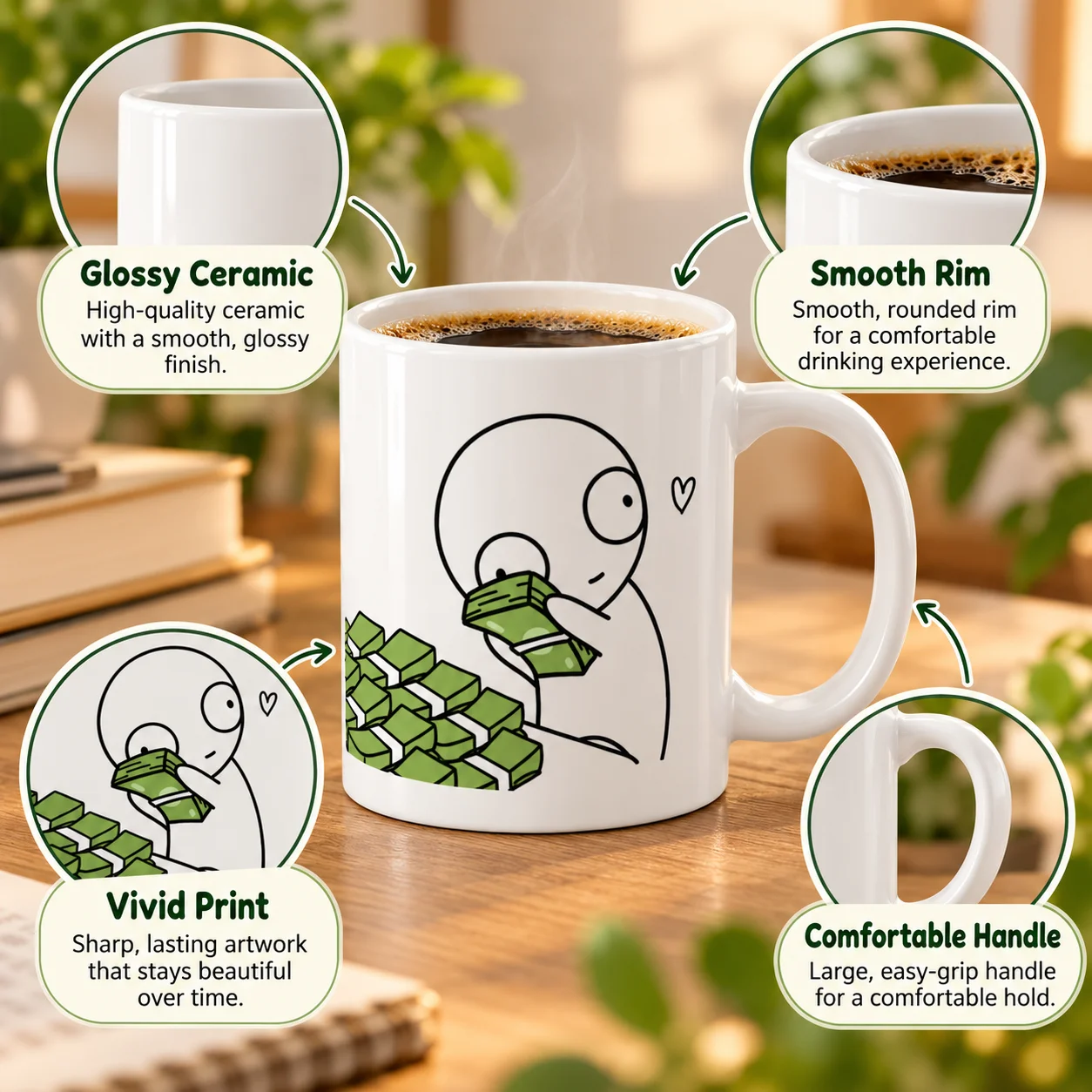 1pc Sublimation Ceramic Coffee Mug, Cute Stick Figure Hugging Stack of Money Graphic Cup, Funny Money Lover Cartoon Tea Mug