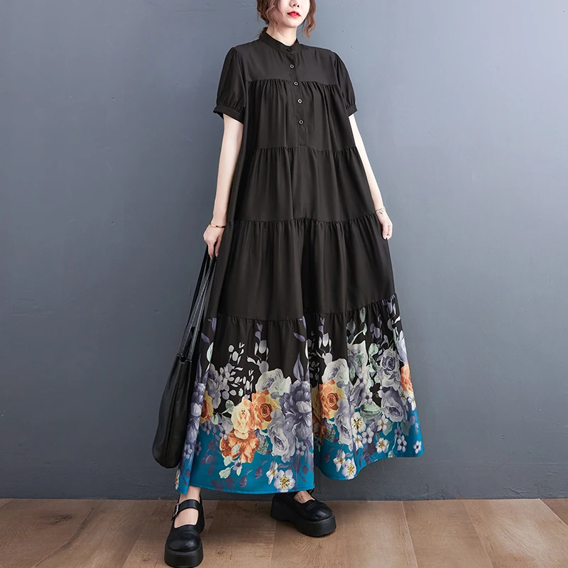 

loose printing fashionable new short-sleeved long dress women's summer