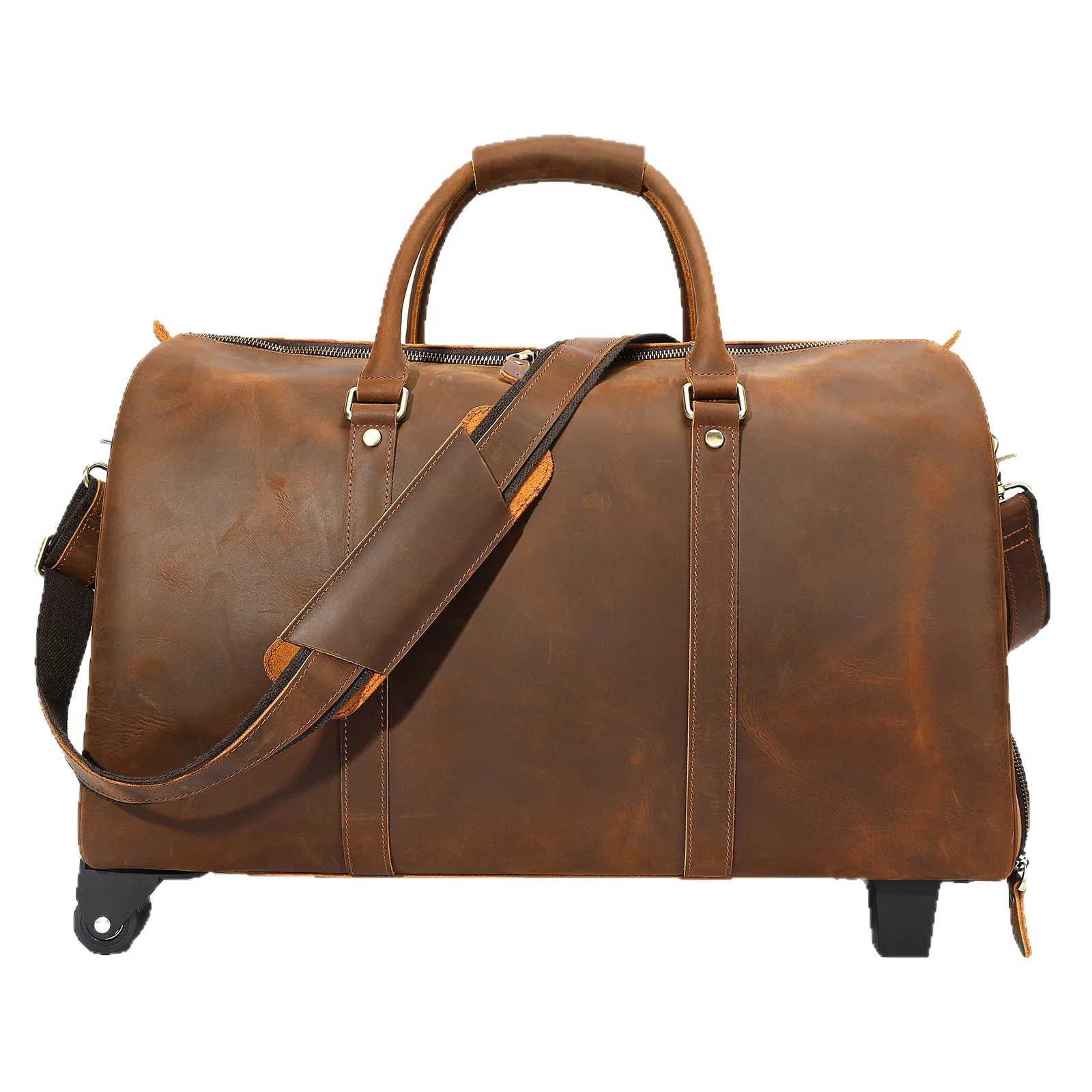Vintage Crazy Horse Leather Men Travel Bag Top Grain Cowhide Trolley Sleeve Duffel Stylish Weekender Overnight Bag
