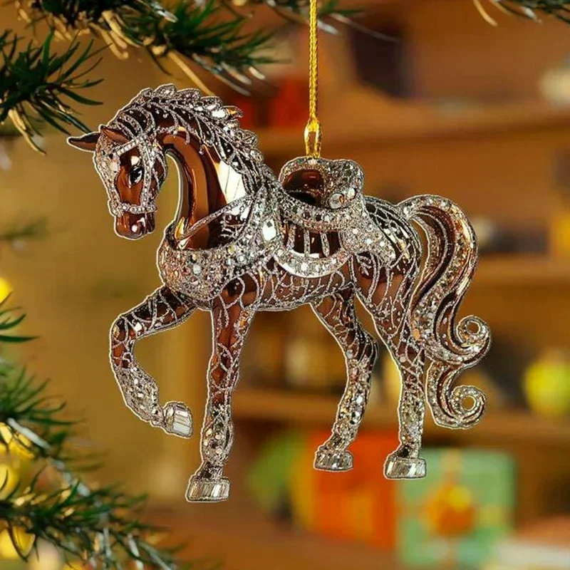 2D Acrylic Horse Car Rearview Mirror Pendant Charm Christmas Tree Ornament New Year Hanging Decoration