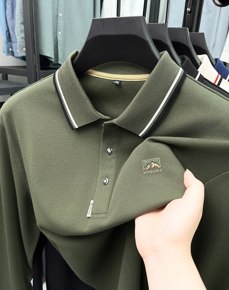 High end emboss men's long sleeve stripe lapel top fashion luxurious silk cotton comfort breathable spring new casual polo shirt