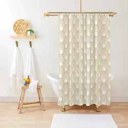 Gold and White Art Deco Pattern Shower Curtain Bathroom Shower Set Cute Shower Curtain