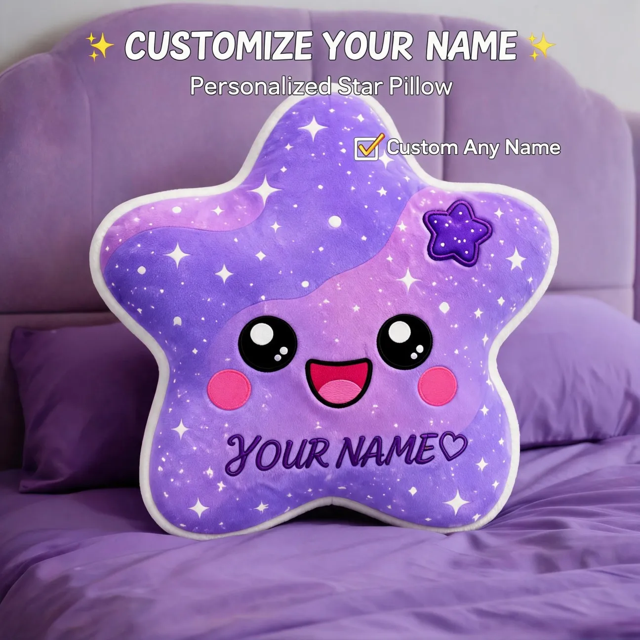 Custom Personalized Photo Star Shaped Pillow, Purple Galaxy Cute Face Decorative Cushion, Unique Home Decor Accent for Sofa Gift