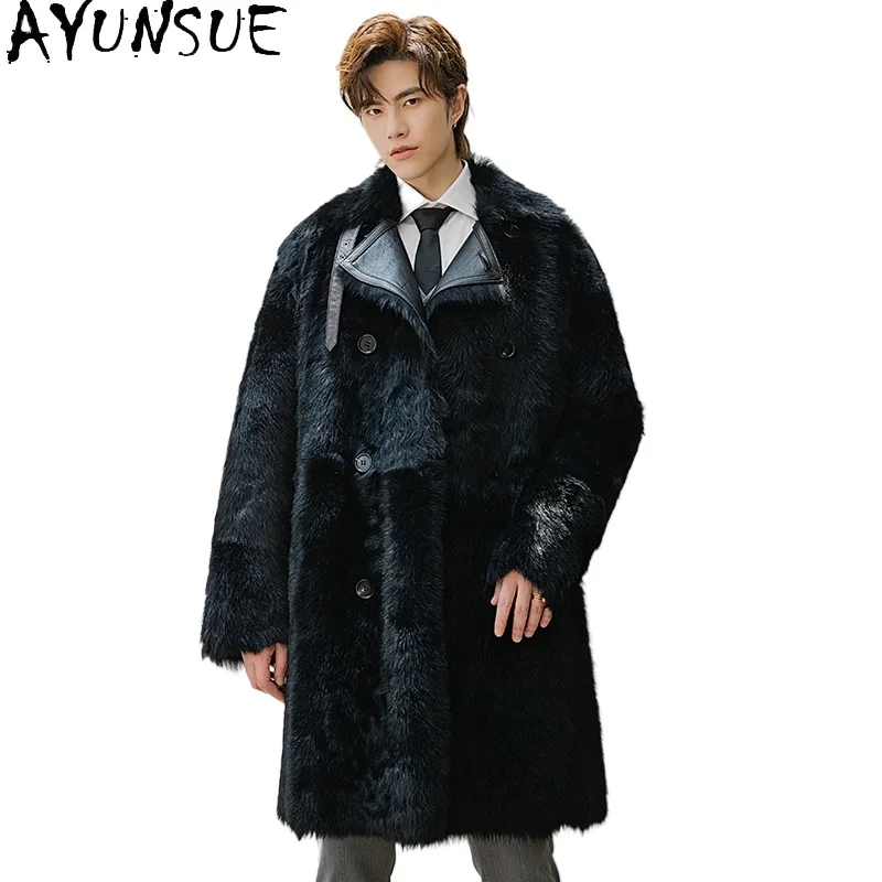 AYUNSUE Tuscan Sheepskin Leather Fur Jacket Luxury Winter Mid-length Natural Fur Coat Fashion Mens Fur Jacket Coat Streetwear
