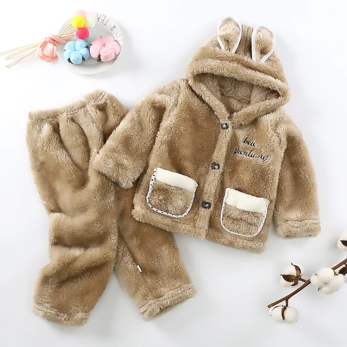 1Set Kid Plush Set Boy Girl Thermal Thick Hooded Button Cardigan And Trouser Baby Cute Velvet Soft Comfort Suit Children Clothes